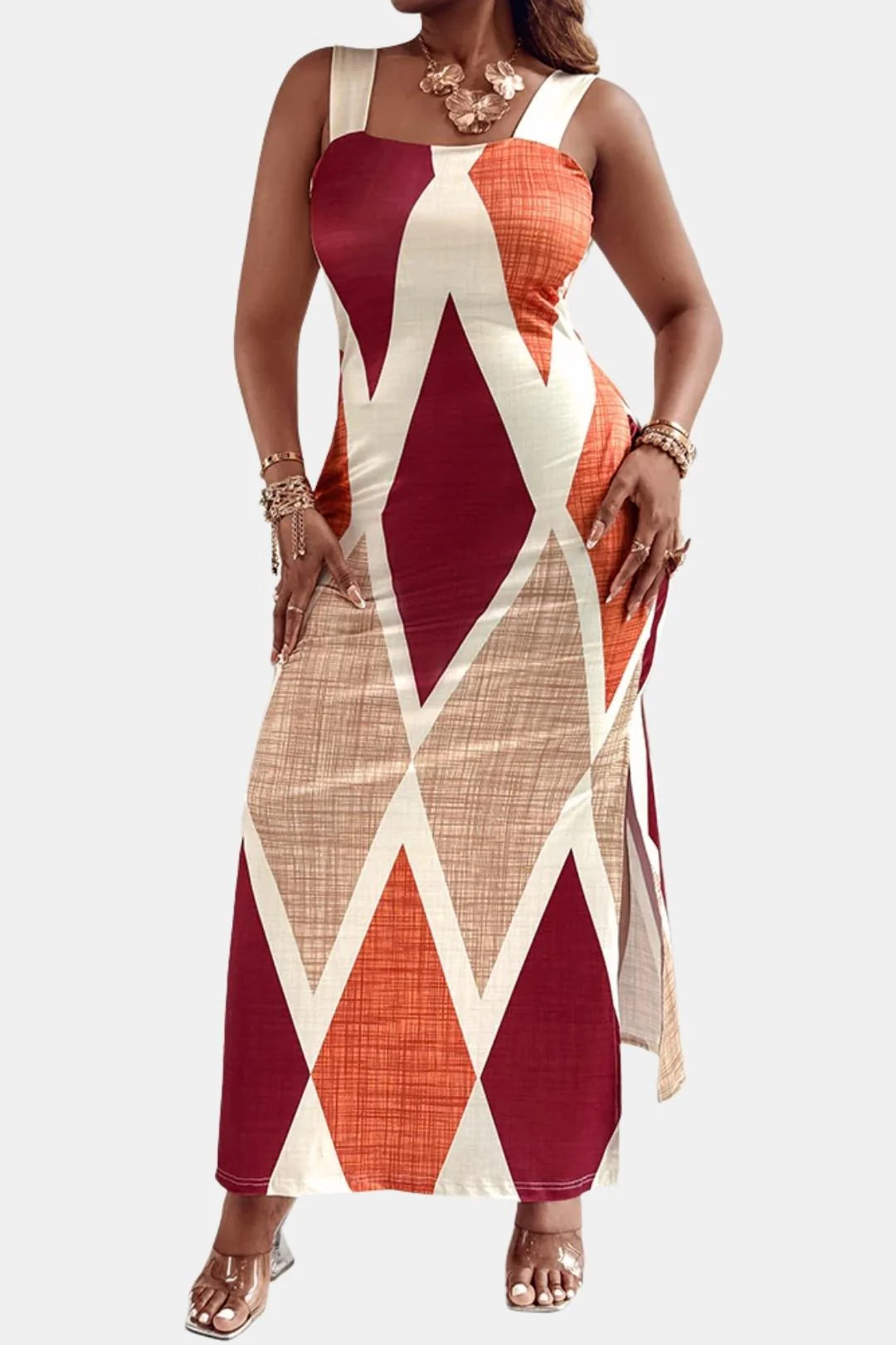 Andromeda - Square Neck Geometric Print Slit Summer Long Dress