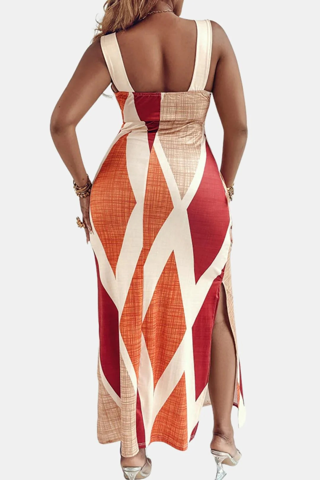 Andromeda - Square Neck Geometric Print Slit Summer Long Dress