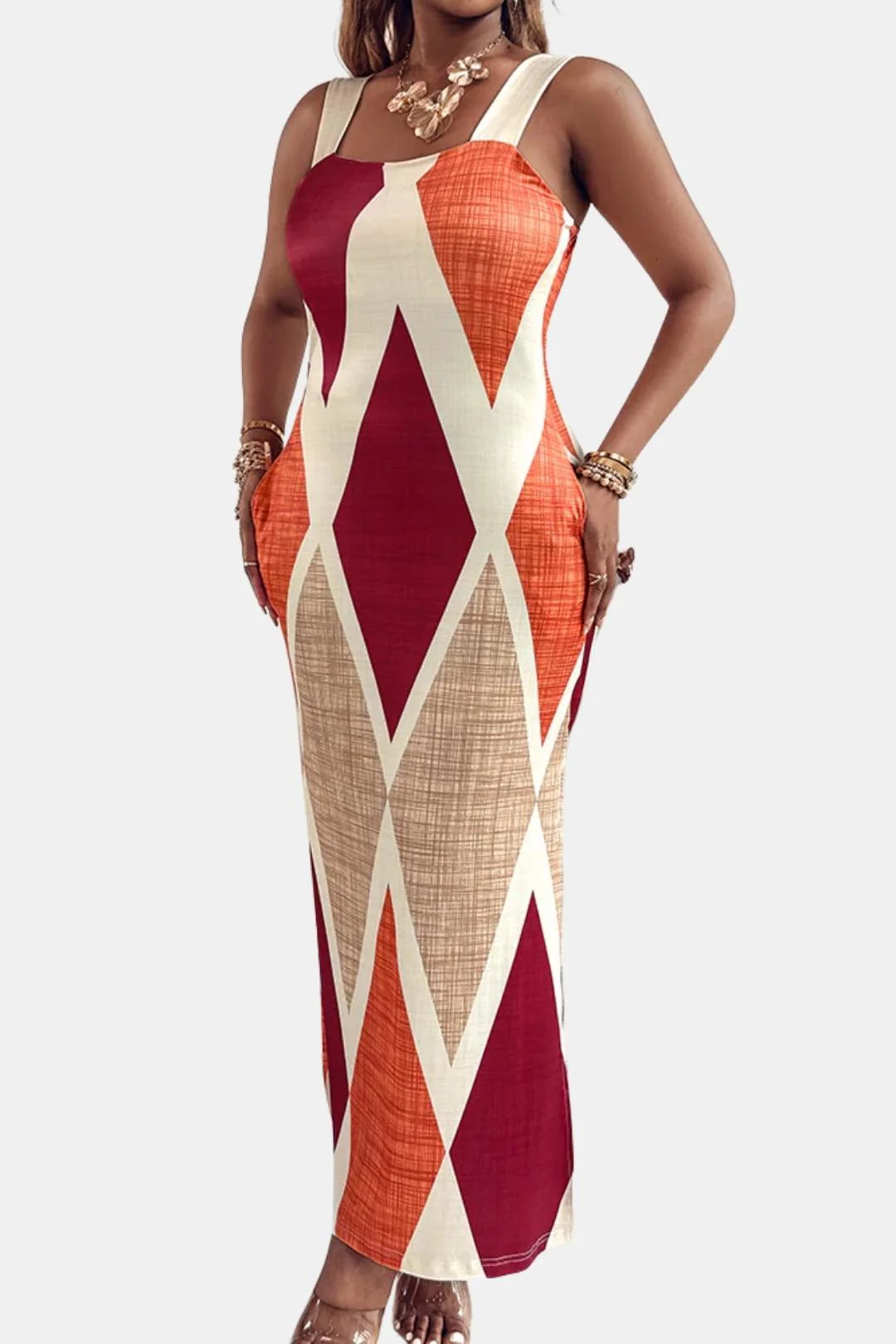 Andromeda - Square Neck Geometric Print Slit Summer Long Dress